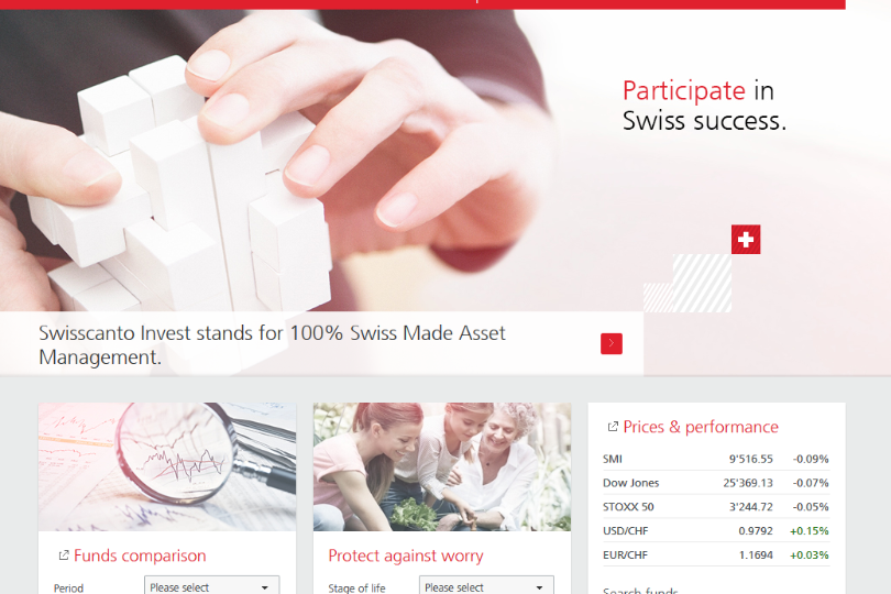 Swisscanto Invest corporate website with search fields to access the product platform.